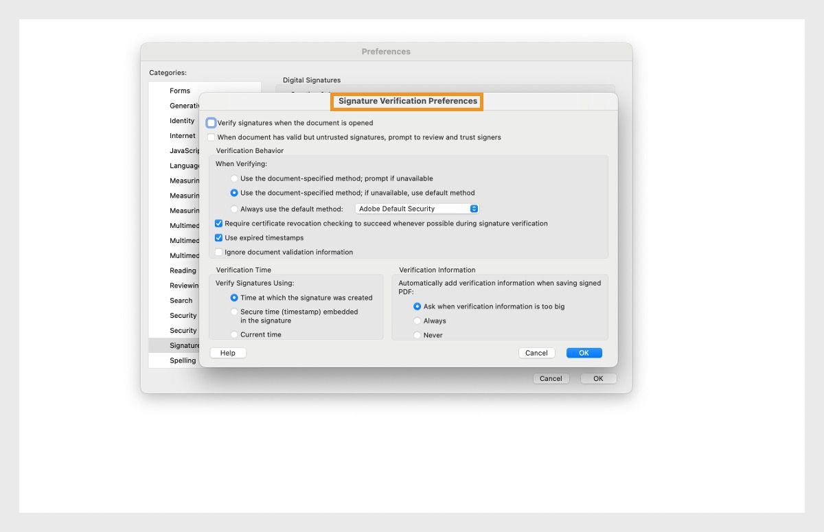 Ipinapakita ng dialog box ng Signature Verification Preferences ang mga opsyon para i-customize ang mga setting ng pag-verify ng lagda.
