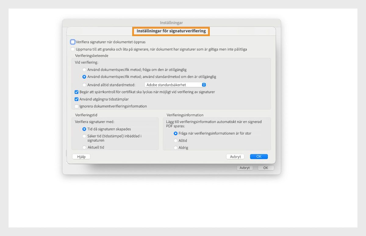Dialogrutan för inställningar för signaturverifiering visar alternativ för att anpassa inställningarna för signaturverifiering.