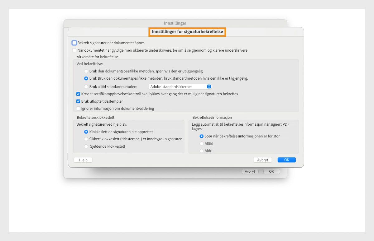 Dialogboksen for innstillinger for signaturverifisering viser alternativer for å tilpasse innstillingene for signaturverifisering.