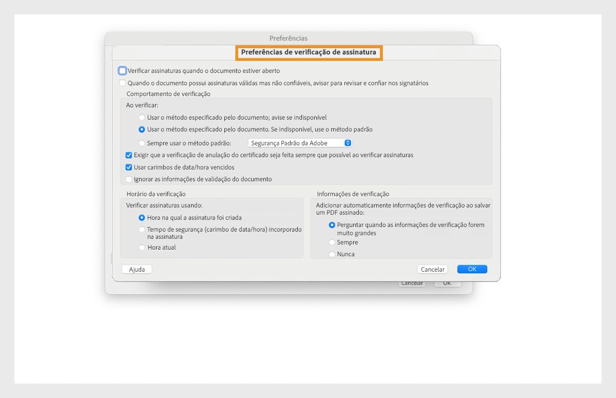 A caixa de diálogo Preferências de verificação de assinatura exibe opções para personalizar as configurações de verificação de assinatura.