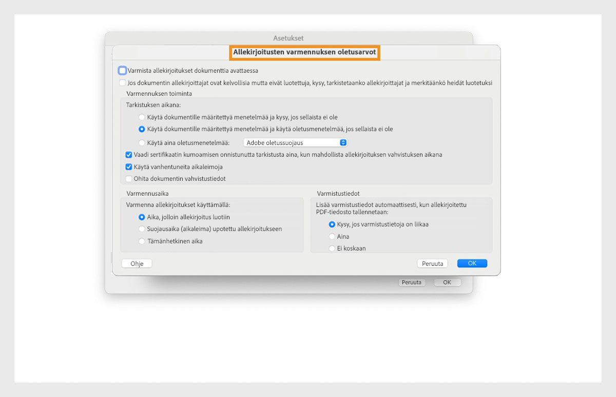Allekirjoituksen vahvistamisasetusten valintaikkunassa näkyy vaihtoehtoja allekirjoituksen vahvistamisasetusten mukauttamiseen.
