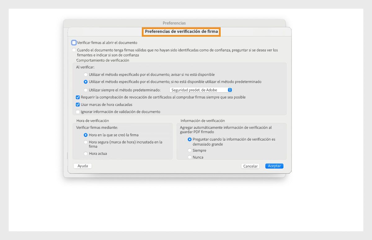 El cuadro de diálogo Preferencias de verificación de firmas muestra opciones para personalizar la configuración de verificación de firmas.