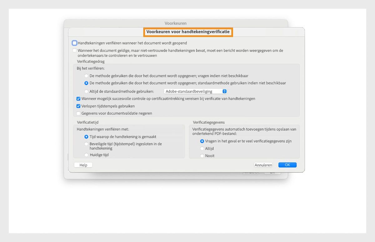 In het dialoogvenster Voorkeuren voor handtekeningverificatie worden opties weergegeven waarmee u de instellingen voor handtekeningverificatie kunt aanpassen.
