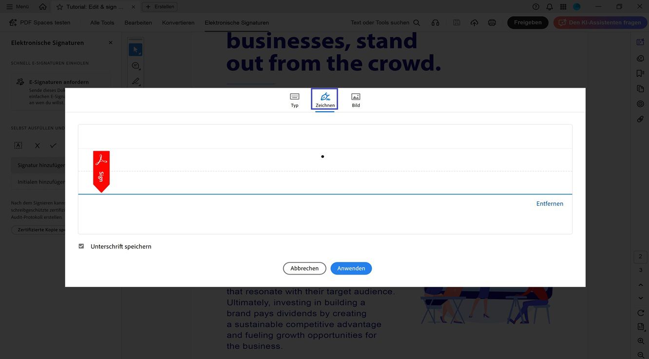 Das Fenster „Unterschrift und Initialen“ von Acrobat zeigt Optionen zum Eingeben, Zeichnen oder Importieren einer neuen Unterschrift.