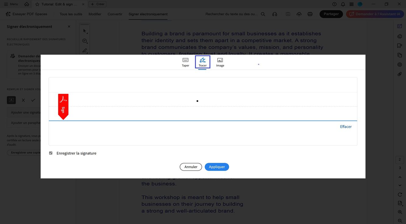 La fenêtre Signature et Initiales d'Acrobat affiche les options pour taper, dessiner ou importer une nouvelle signature.