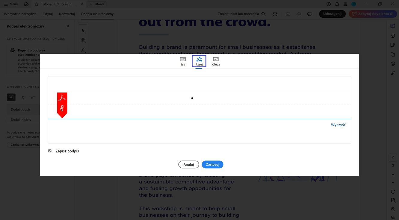 Okno Podpis i inicjały w programie Acrobat pokazuje opcje wpisywania, rysowania lub importowania nowego podpisu.