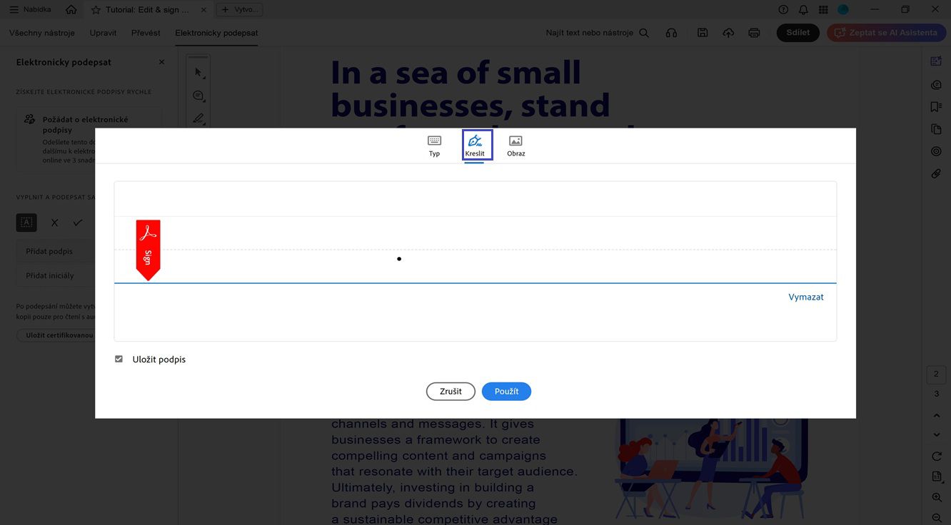 Okno Podpis a iniciály v aplikaci Acrobat zobrazuje možnosti pro psaní, kreslení nebo import nového podpisu.