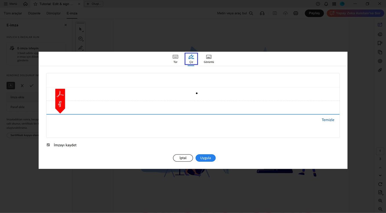 Acrobat'ın İmza ve Paraf penceresi, yeni bir imza yazmak, çizmek veya içe aktarmak için seçenekler sunar.