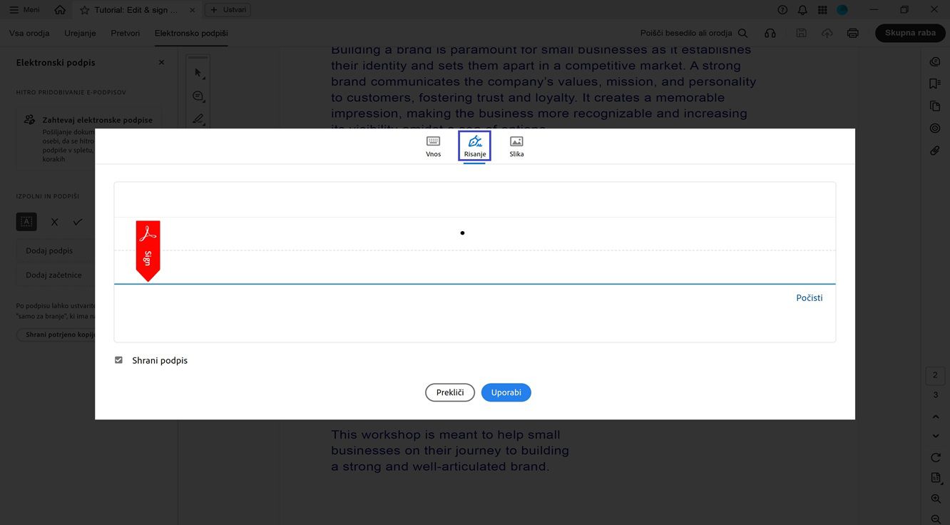 Okno za podpis in začetnice v programu Acrobat prikazuje možnosti za tipkanje, risanje ali uvoz novega podpisa.