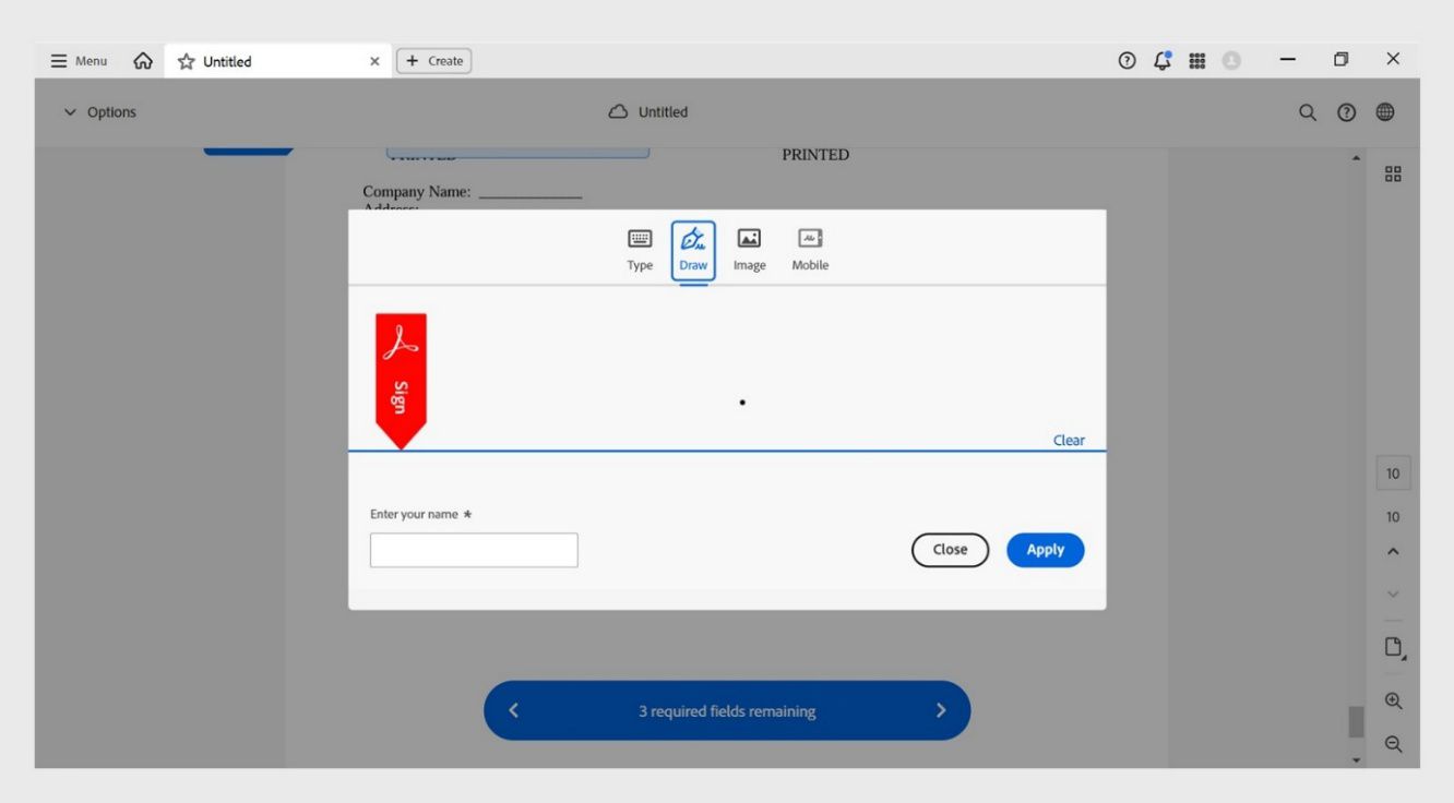 تعرض نافذة &quot;التوقيعات والأحرف الأولية&quot; في Acrobat خيارات للكتابة أو الرسم أو استيراد توقيع جديد.