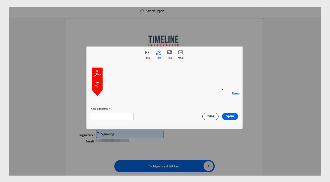 Fönstret Signatur och initialer i Acrobat visar alternativ för att skriva, rita eller importera en ny signatur.