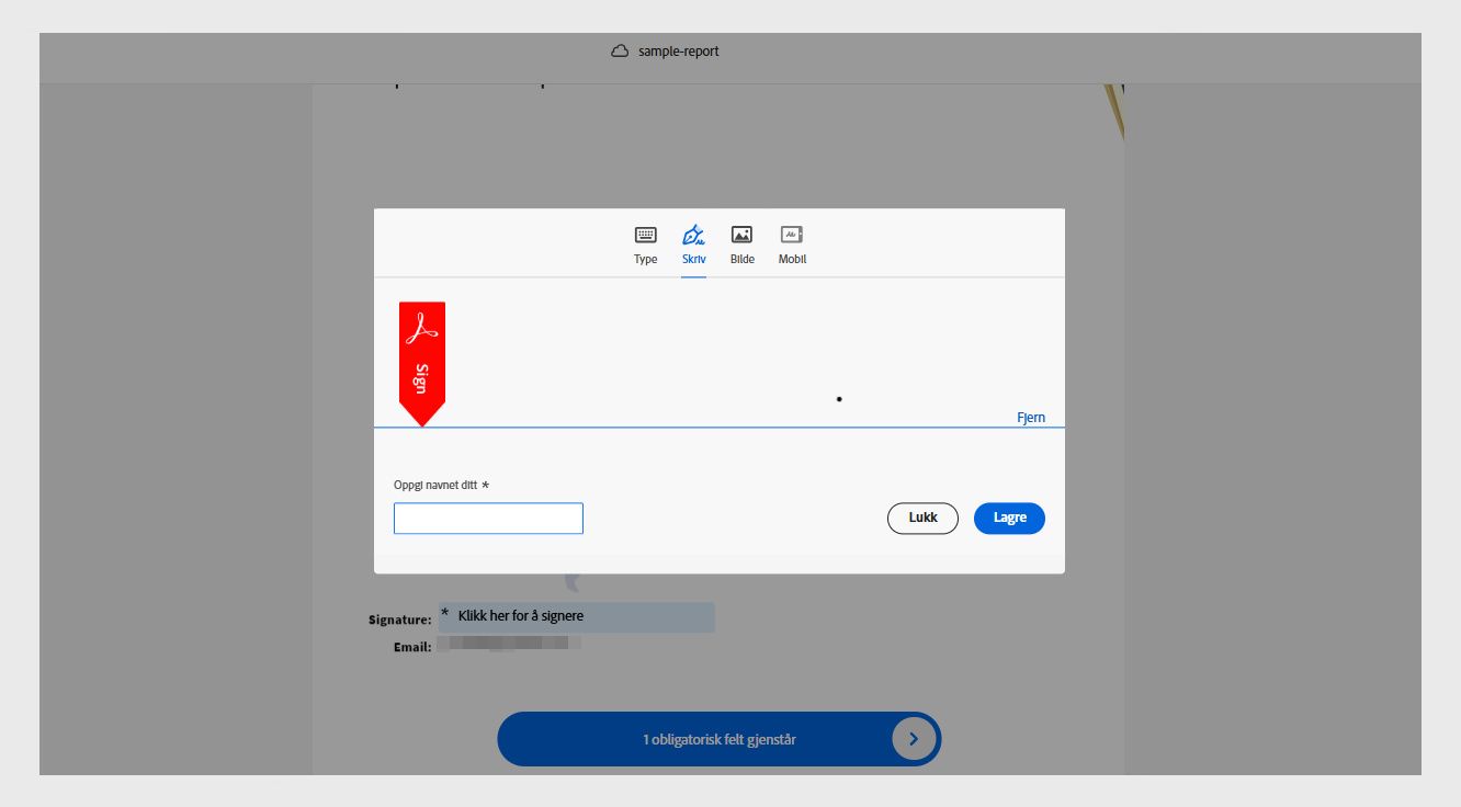 Vinduet for signatur og initialer i Acrobat viser alternativer for å skrive, tegne eller importere en ny signatur.