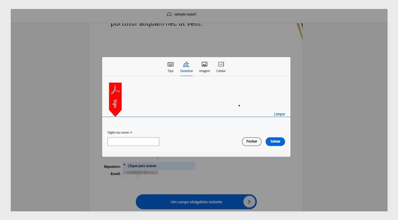 A janela Assinatura e Iniciais do Acrobat mostra opções para digitar, desenhar ou importar uma nova assinatura.