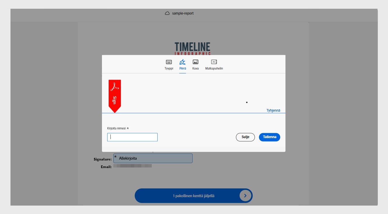 Acrobatin Allekirjoitus ja nimikirjaimet -ikkunassa näkyy vaihtoehdot uuden allekirjoituksen kirjoittamiseen, piirtämiseen tai tuomiseen.