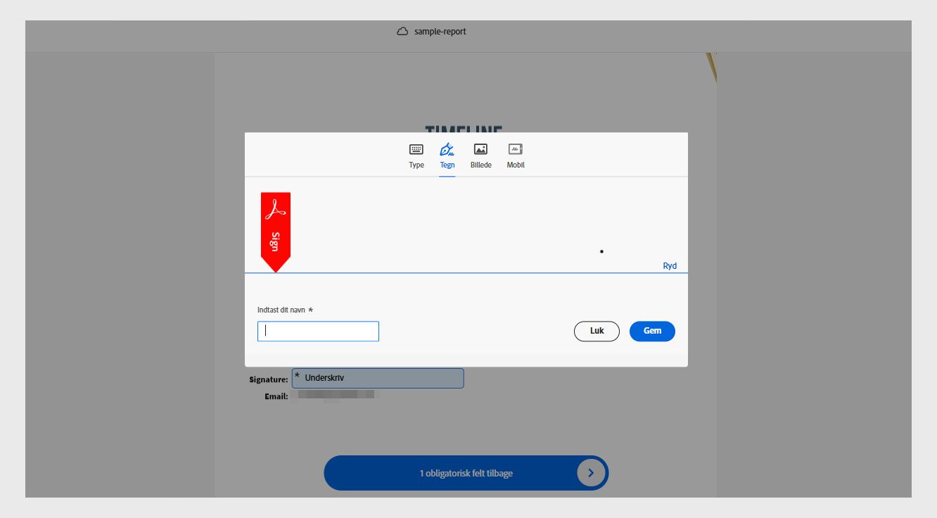 Vinduet Underskrift og initialer i Acrobat viser muligheder for at skrive, tegne eller importere en ny underskrift.