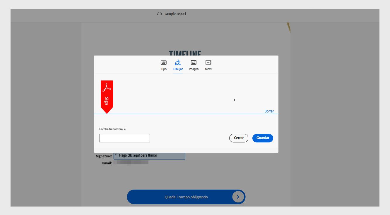 La ventana Firma e iniciales de Acrobat muestra opciones para escribir, dibujar o importar una nueva firma.