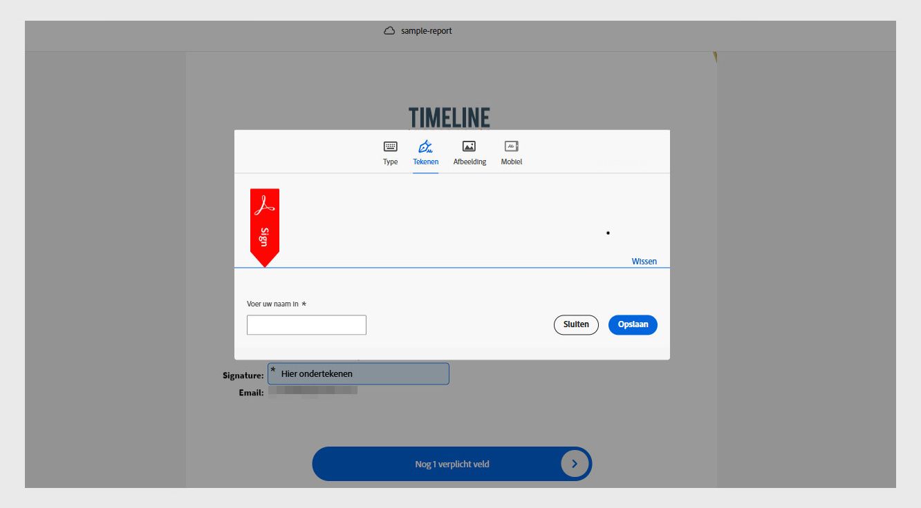 Het venster Handtekening en Initialen van Acrobat toont opties voor het typen, tekenen of importeren van een nieuwe handtekening.