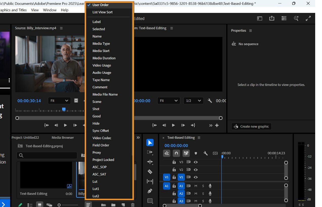 Il pannello mostra un menu a discesa dal pannello Progetto, che visualizza le opzioni per ordinare le clip nella Visualizzazione icone utilizzando l'ordine manuale, le impostazioni della visualizzazione elenco o i campi di metadati.