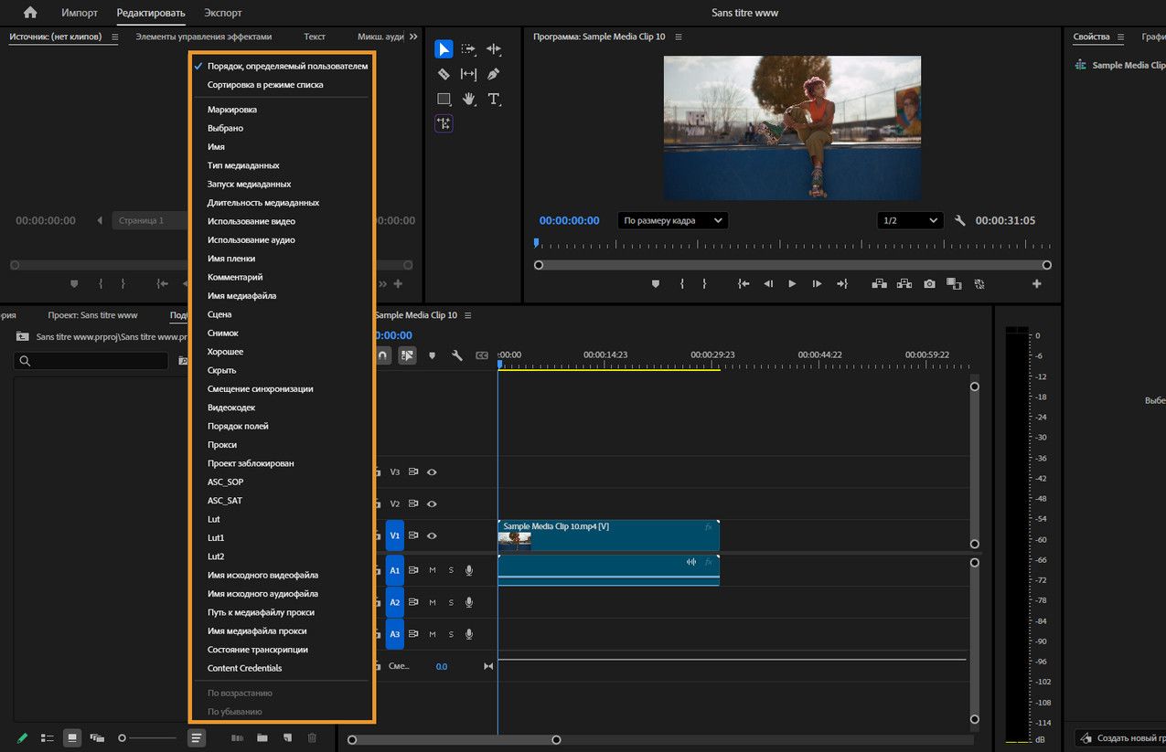 На панели отображается раскрывающееся меню из панели «Проект», в котором отображаются параметры сортировки клипов в режиме просмотра в виде значков с использованием порядка сортировки вручную, настроек просмотра в виде списка или полей метаданных.