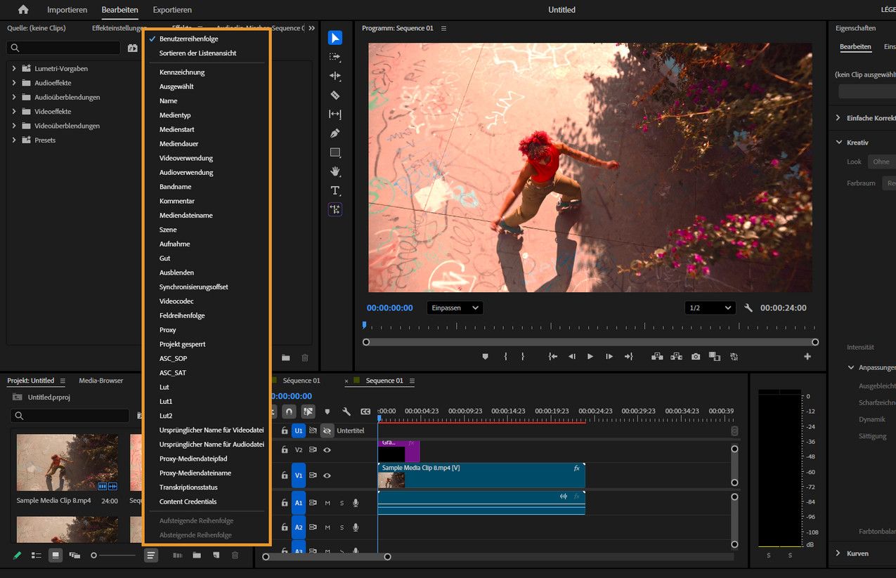 Das Bedienfeld zeigt ein Dropdown-Menü aus dem Bedienfeld „Projekt“ mit Optionen zur Sortierung von Clips in der Symbolansicht mittels manueller Reihenfolge, Listenansicht-Einstellungen oder Metadatenfeldern an.
