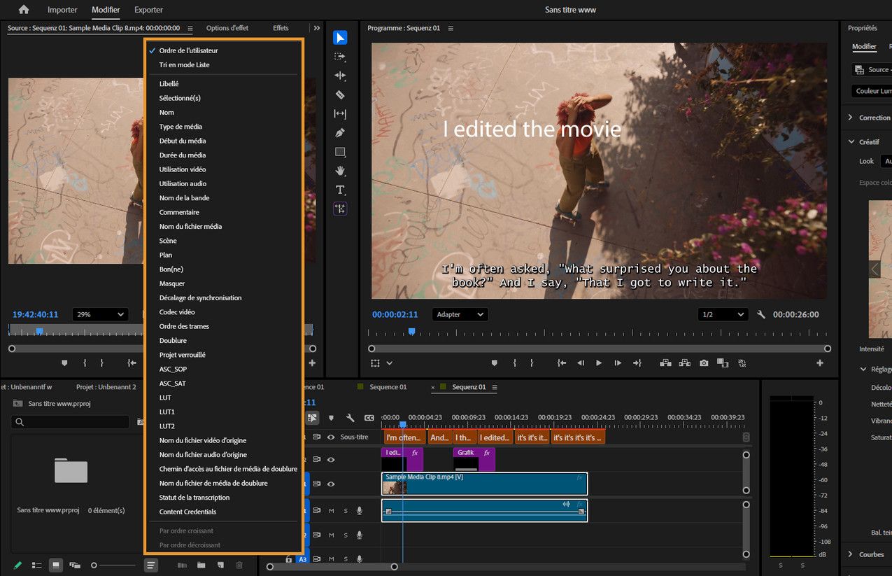 Le panneau affiche un menu déroulant du panneau Projet, montrant les options pour trier les clips dans la vue Icône en utilisant l’ordre manuel, les paramètres de la vue Liste ou les champs de métadonnées.