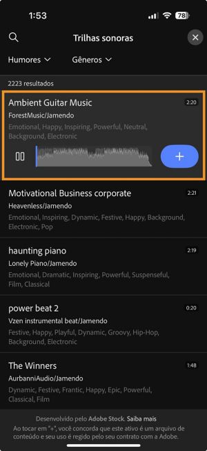 O painel “Trilhas sonoras” está aberto, com uma trilha sonora selecionada e o ícone de mais visível para adicioná-la à linha do tempo.