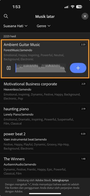 Panel Soundtrack terbuka dengan soundtrack yang dipilih dan ikon tambah terlihat untuk menambahkannya ke linimasa.