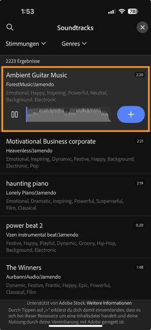Das Soundtrack-Panel wird geöffnet, wobei eine Soundtrack ausgewählt ist. Das Plussymbol wird angezeigt, um sie zur Timeline hinzuzufügen.