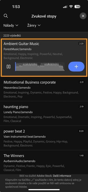 Panel Zvukové stopy se otevře s vybranou zvukovou stopou a ikona plus je viditelná pro jeho přidání do časové osy.