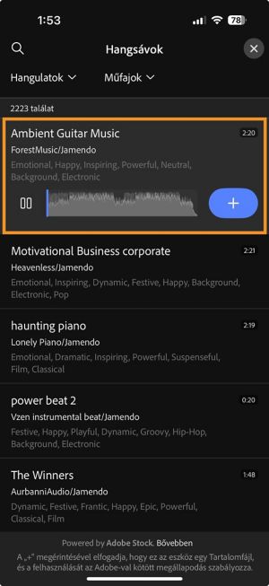 A Zene panel meg van nyitva, egy zeneszám ki van választva, valamint látható a plusz ikon, amellyel a zeneszám hozzáadható az idővonalhoz.