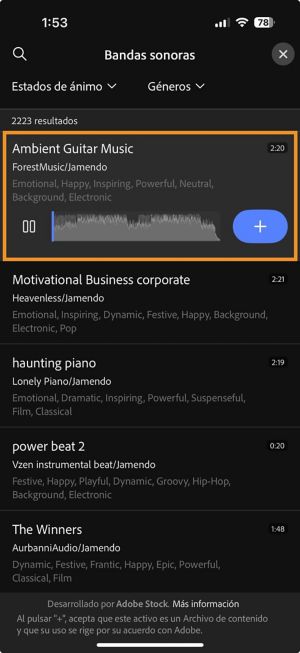 El panel Bandas sonoras se abre con una banda sonora seleccionada y el icono está visible más para añadirla a la línea de tiempo.