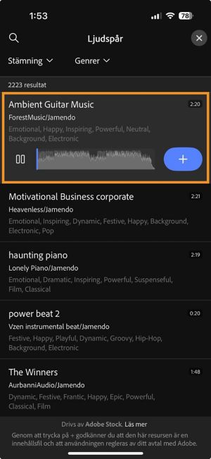 Panelen Ljudspår öppnas med ett ljudspår valt och plusikonen visas för att lägga till det i tidslinjen.