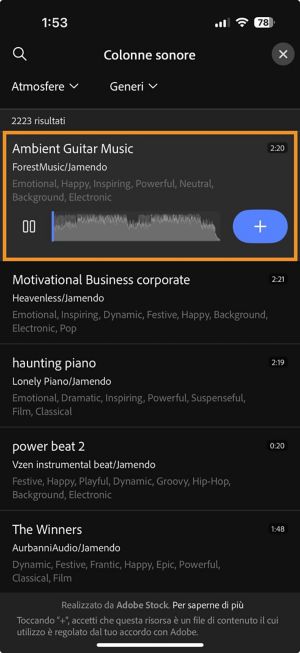 Il pannello Colonne sonore è aperto con una colonna sonora selezionata e l’icona a forma di più è visibile per aggiungerla alla timeline.