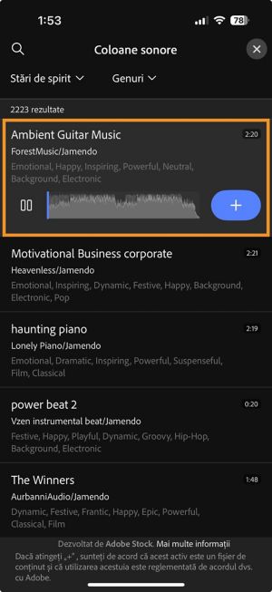 Panoul Coloane sonore este deschis, cu o coloană sonoră selectată, iar pictograma plus este vizibilă pentru a o adăuga la cronologie.