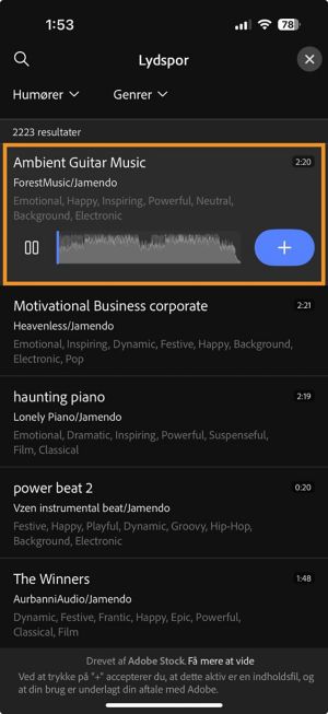 Panelet Lydspor er åbent med et valgt lydspor, og plusikonet er synligt, så du kan føje den til tidslinjen.