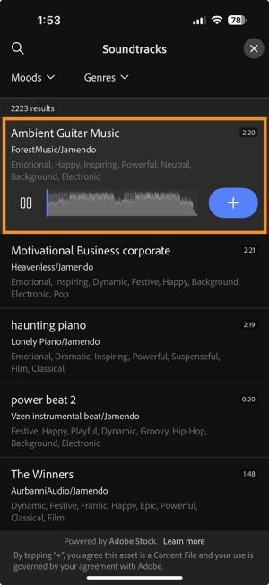 The Soundtracks panel open with a soundtrack selected, and the plus icon is visible to add it to the timeline.