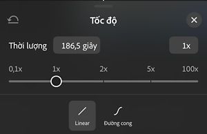 Bảng Speed, hiển thị thanh trượt từ 0.1x đến 100x được đặt ở 1x, với các tùy chọn Linear và Curves bên dưới.