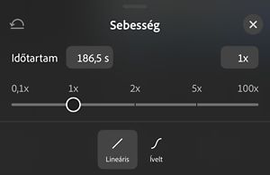 A Sebesség panel, amely egy 0,1x-től 100x-ig terjedő csúszkát mutat 1x-re beállítva, alatta Lineáris és Görbék opciókkal.