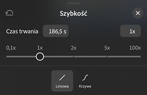 Panel Szybkość z suwakiem od 0,1× do 100× ustawionym na 1×, z opcjami Liniowa i Krzywe poniżej.