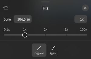 Hız panelinde, 0,1x ile 100x arasında 1x olarak ayarlanmış bir kaydırıcı ve altında Doğrusal ve Eğriler seçenekleri gösteriliyor.