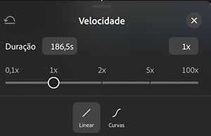 O painel Velocidade, mostrando um controle deslizante de 0,1x a 100x definido em 1x, com as opções Linear e Curvas abaixo.