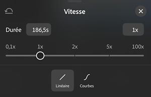 Le panneau Vitesse, affichant un curseur de 0,1x à 100x réglé sur 1x, avec les options Linéaire et Courbes en dessous.