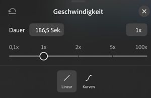 Das Bedienfeld „Geschwindigkeit“, das einen Schieberegler von 0,1x bis 100x zeigt, der auf 1x eingestellt ist, mit den Optionen „Linear“ und „Kurven“ darunter.