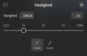 Panelet Hastighed, som viser en skydeknap fra 0,1x til 100x indstillet på 1x, med mulighederne Lineær og Kurver nedenfor.