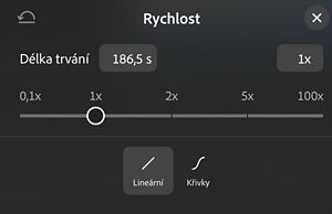 Panel Rychlost zobrazující posuvník od 0,1× do 100× nastavený na 1×, s možnostmi Lineární a Křivky níže.