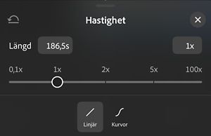 Speed-panelen visar ett reglage från 0,1x till 100x inställt på 1x, med alternativen Linear och Curves nedan.