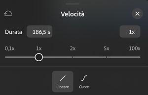 Il pannello Velocità, che mostra un cursore da 0,1x a 100x impostato su 1x, con le opzioni Lineare e Curve sotto.