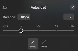 El panel Velocidad, que muestra un regulador de 0,1x a 100x establecido en 1x, con las opciones Lineal y Curvas debajo.