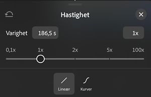 Speed-panelet, som viser en glidebryter fra 0,1x til 100x satt på 1x, med alternativene Linear og Curves nedenfor.