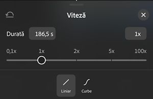 Panoul Speed, care afișează un glisor de la 0,1x la 100x setat la 1x, cu opțiunile Linear și Curves dedesubt.